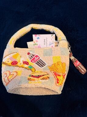 Beaded Fast Food Patch Handbag in Cream and Yellow